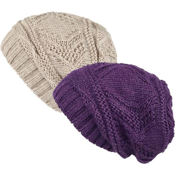 Accessories - Knit Slouchy Oversized Soft Warm Winter Beanie Hat Beige/Purple - 2 Pack